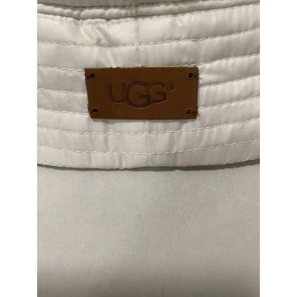 UGG WHITE ALL WEATHER SHEEPSKIN POM BUCKET HAT, WOMEN L/XL